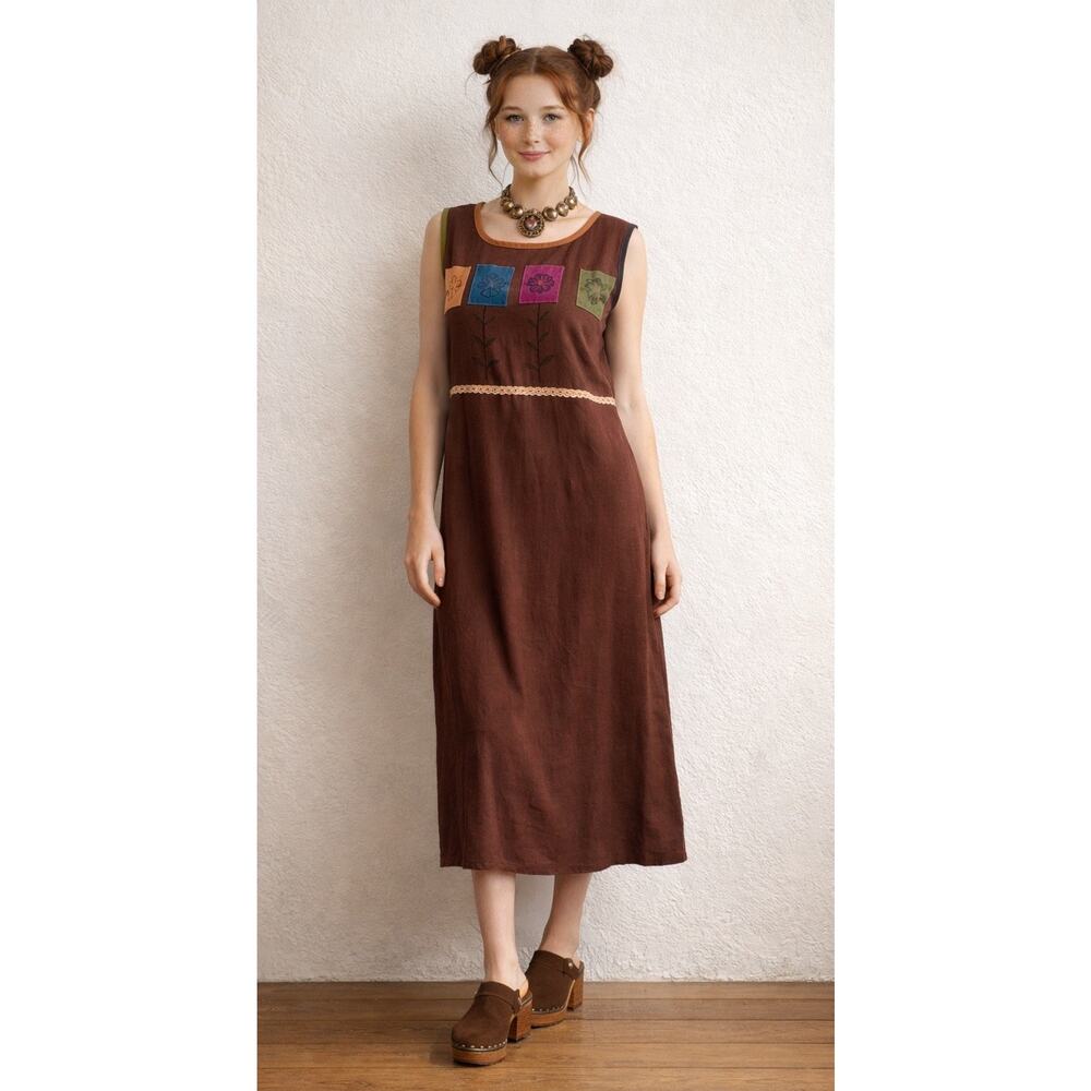 VTG Melons Hawaii Linen Rayon Midi Dress Brown Patchwork Artsy Lagenlook NWT S